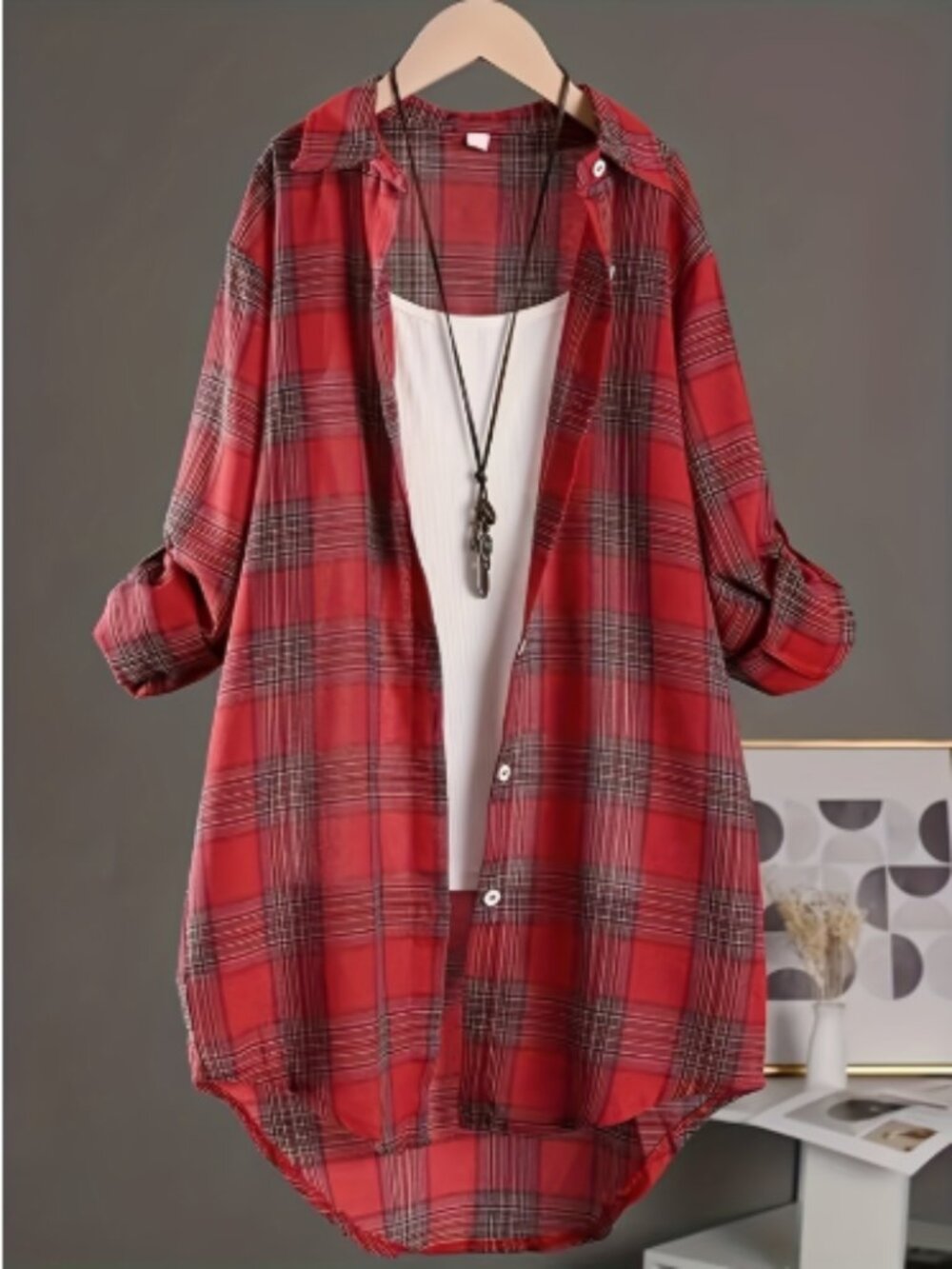 Women's Red Plaid Shirt Jacket Long Sleeve Casual Loose Fit Cotton Linen Overshi